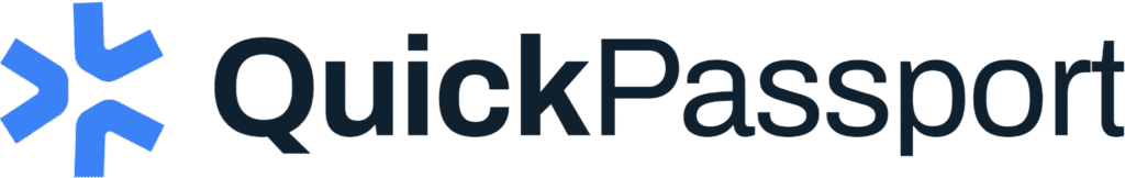 Logo of QuickPassport, a passport processing service, featuring a blue star-like symbol and the brand name in dark text, representing fast-track passport services.