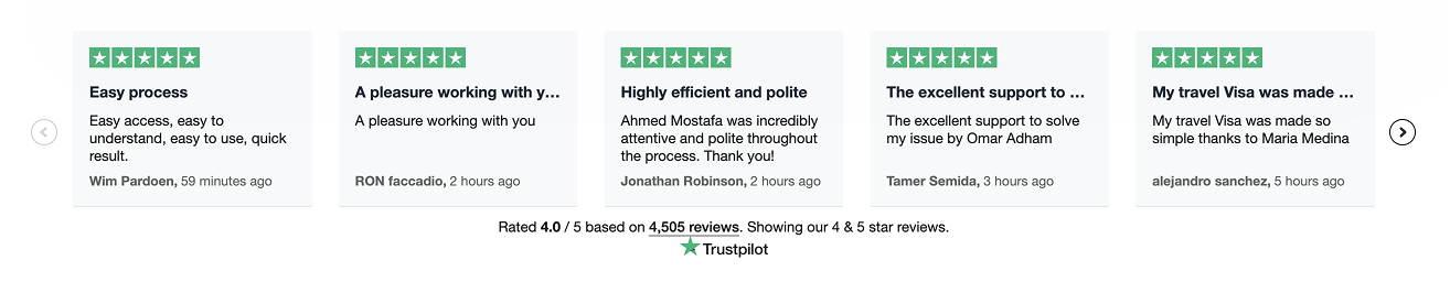 Customer reviews highlighting positive experiences with passport processing services, showcasing ratings and feedback.