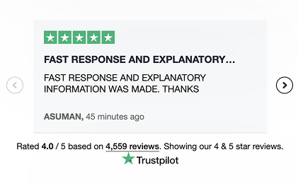 Trustpilot review with five stars, highlighting fast response and explanatory service, showcasing customer satisfaction.